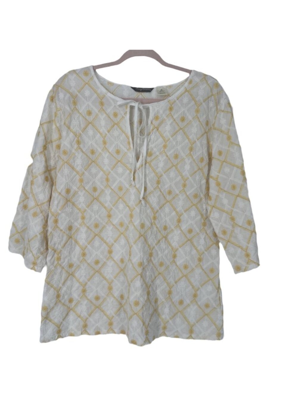 Tommy Bahama Blouse Medium Embroidered Tie-Neck Cotton Boho Peasant Tassel Top